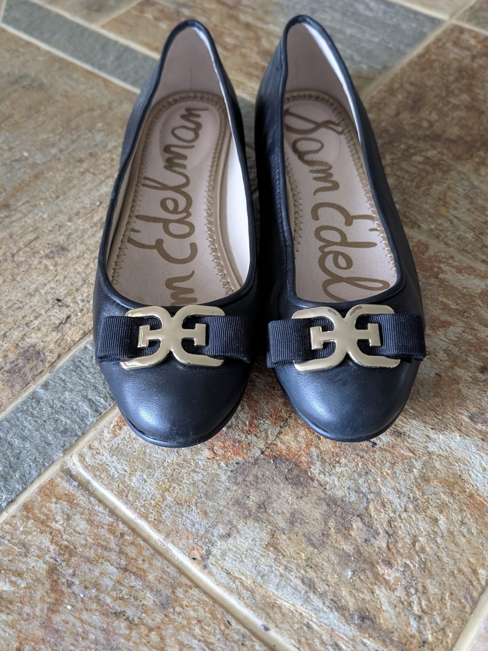 Sam Edelman Women's Black Leather Ballet Flats with Gold Accent Sz 7